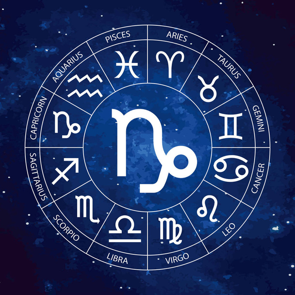 Vector. Astrología gráfica situada en el fondo cósmico del cielo estrellado. Una representación geométrica simple del signo del zodiaco para el horóscopo Capricornio con títulos, ilustración aislada de arte de línea
 - Vector, imagen