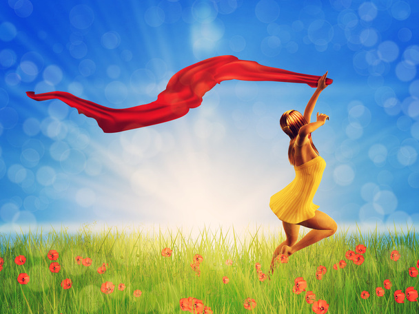 Femme sautant sur un champ de pavot
 - Photo, image