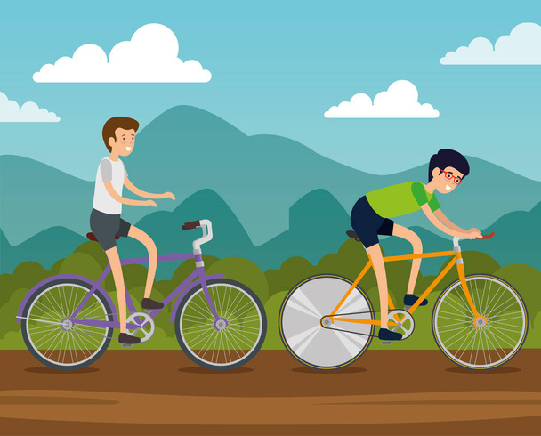 mannen vrienden rit fiets voertuig - Vector, afbeelding