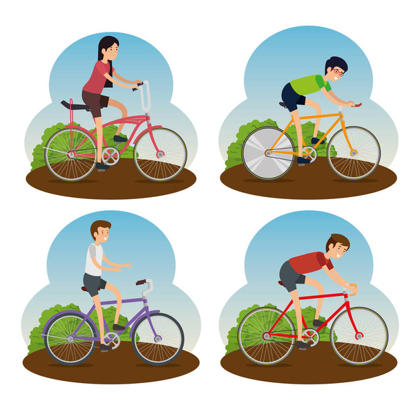 set men and woman ride bicycle lifestyle - Vector, Image