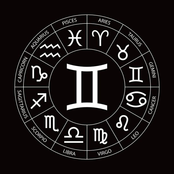 Вектор. Графічна астрологія встановлена на чорному тлі. Просте геометричне зображення знака зодіаку для гороскопа Джеміні з назвами, лінійне мистецтво ізольована ілюстрація
 - Вектор, зображення
