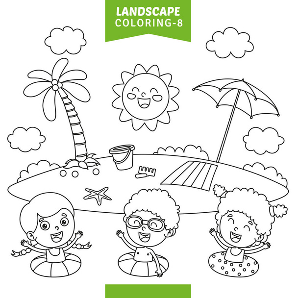 Vector Illustration Of Landscape Coloring Page - Vector, Image