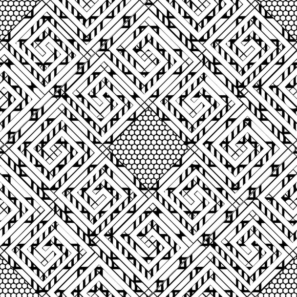 Black and white geometric striped greek vector seamless pattern. Lace textured ornamental monochrome background. Modern repeat creative ornate backdrop. Elegance ancient greek key meanders ornament. - Vector, Image
