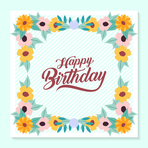 happy birthday greeting card with flowers wreath usable for background template - Vektor, Bild