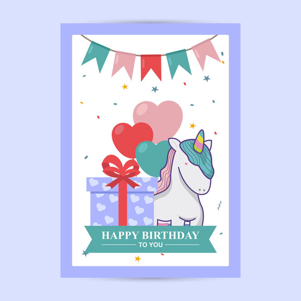 Vieren een prachtige dag of speciale dag. Gelukkige verjaardag-wenskaart met eenhoorn en ballonnen. - Vector, afbeelding
