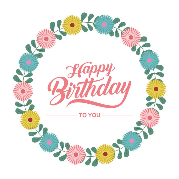 happy birthday greeting card with flowers wreath - Vector, imagen