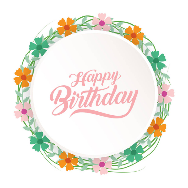 happy birthday greeting card with flowers wreath - Vektor, Bild