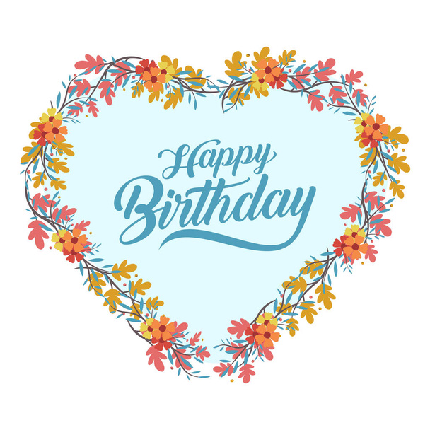 happy birthday greeting card with beautiful flowers wreath usable for background template - Vektor, kép