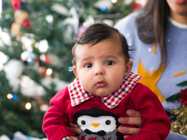 Erittäin komea söpö pikkulapsi, jolla on karvoja istumassa äitinsä sylissä lomakuvaa varten, jolla on hämmentynyt ilme kasvoillaan yllään punainen joulukuusi-paita, jossa on pingviini ja puu taustalla.
. - Valokuva, kuva