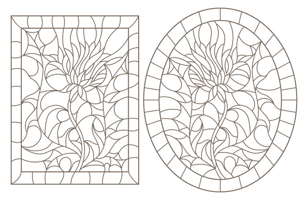 Conjunto de ilustraciones de contorno de vidrieras con flores, contornos oscuros sobre fondo blanco, imágenes rectangulares y ovaladas
 - Vector, Imagen