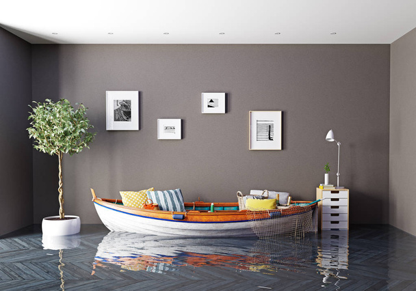 Das Boot als Sofa im überfluteten Innenraum. kreatives Konzept. 3D-Darstellung - Foto, Bild