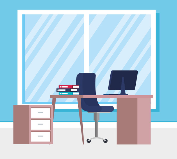 office workplace with desk and desktop scene - ベクター画像