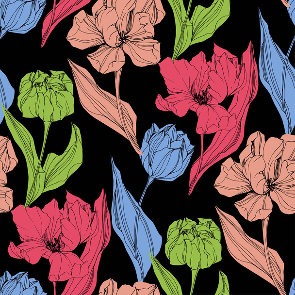 Διάνυσμα Tulip χαραγμένο μελάνι τέχνης. Floral βοτανικό λουλούδι. Απρόσκοπτη υπόβαθρο μοτίβο. Ύφασμα ταπετσαρία υφή. - Διάνυσμα, εικόνα