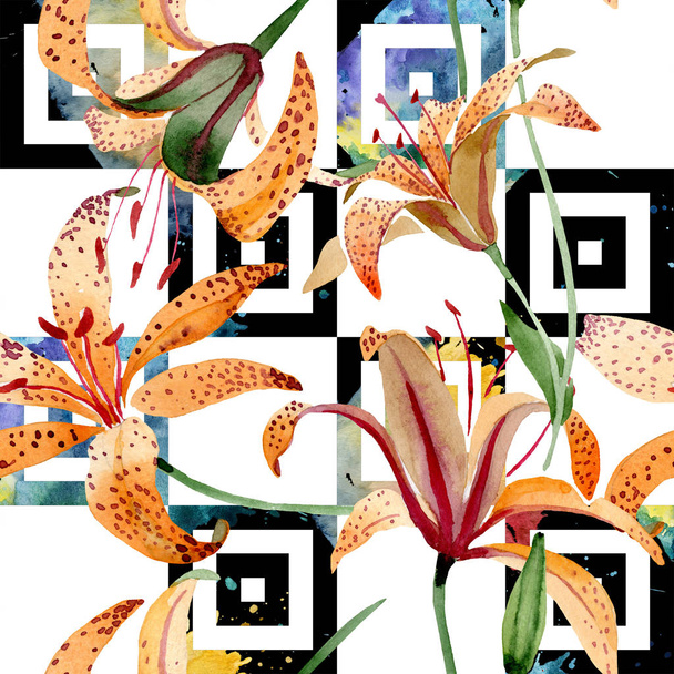 Orange lilium floral botanical flower. Watercolor background illustration set. Seamless background pattern. - Фото, изображение