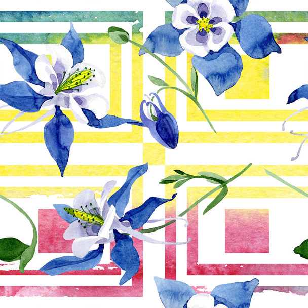 Blue aquilegia floral botanical flower. Watercolor background illustration set. Seamless background pattern. - Foto, Imagen