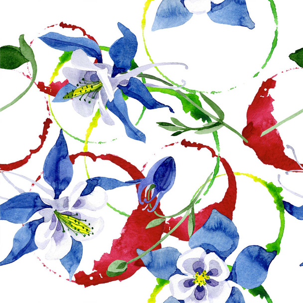 青いオダマキの花植物花。水彩画背景イラスト セット。シームレスな背景パターン. - 写真・画像