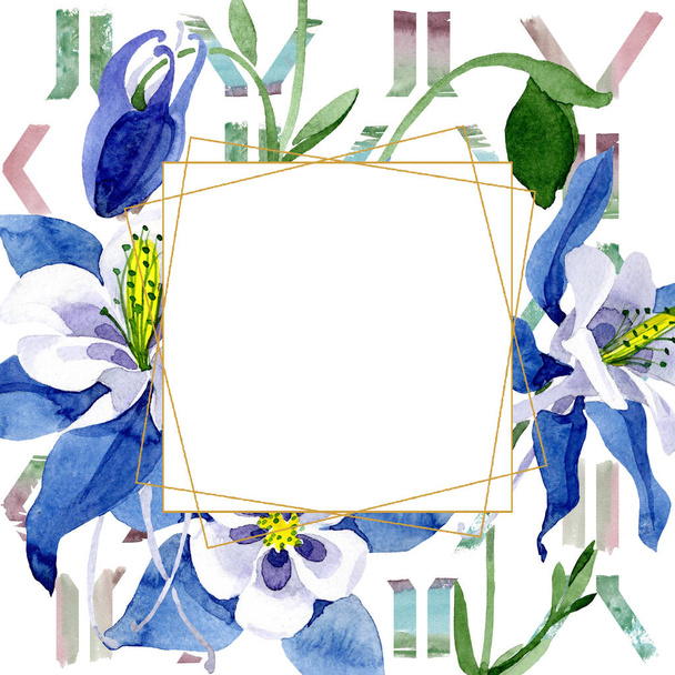 Blaue Aquilegia Blumen botanische Blume. Aquarell Hintergrundillustration Set. Rahmen Rand Ornament Quadrat. - Foto, Bild