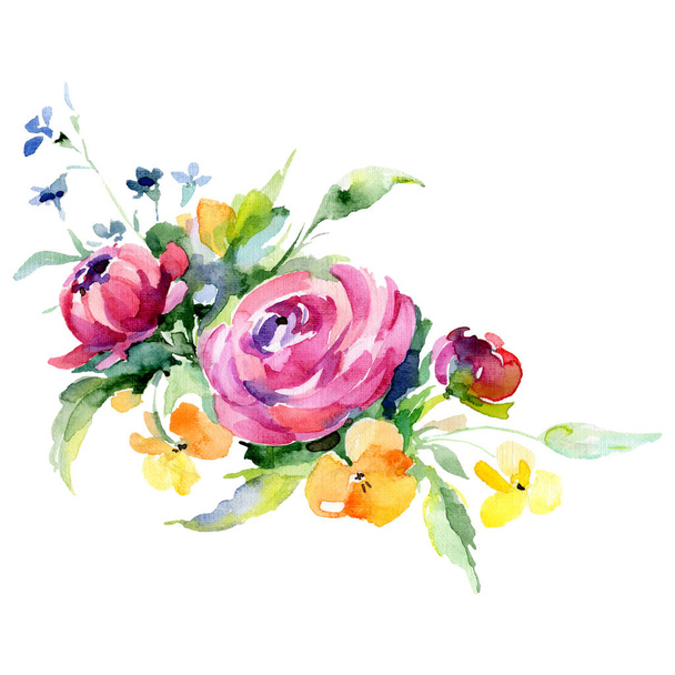 Roze en gele bloemen botanische bloemboeket. Aquarel achtergrond instellen. Geïsoleerde boeket afbeelding element. - Foto, afbeelding