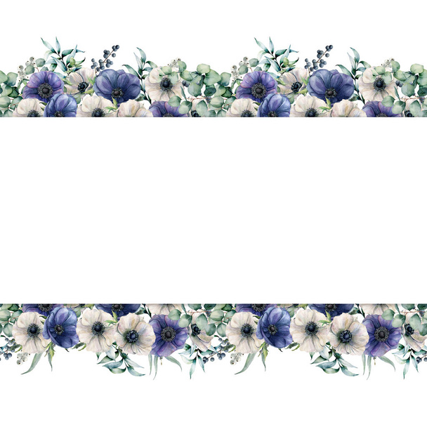Watercolor seamless banner with blue and white anemones. Hand painted flowers with eucalyptus leaves and branches, berries isolated on white background. Floral elegant illustration for design, print - Photo, Image