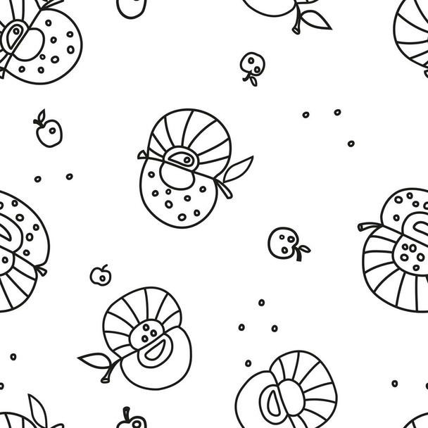    Black and white lined pattern of apples. Seamless vector. - Vetor, Imagem