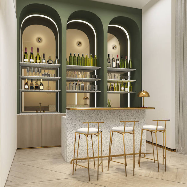 3d renderizado loft y recepción de hotel de lujo y cafetería lounge restaurante - Foto, imagen