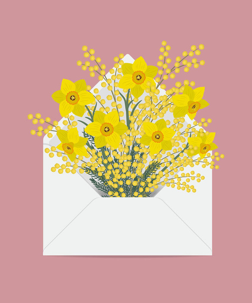 Bouquet of daffodils and mimosa in the postal envelope. Spring yellow flowers. Flower delivery concept. Floral composition. Vector illustration on a pink background - Vector, imagen