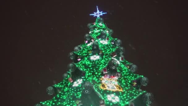 Festlicher Weihnachtsbaum mit bunten Lichtern in der Nacht in 4k. - Filmmaterial, Video