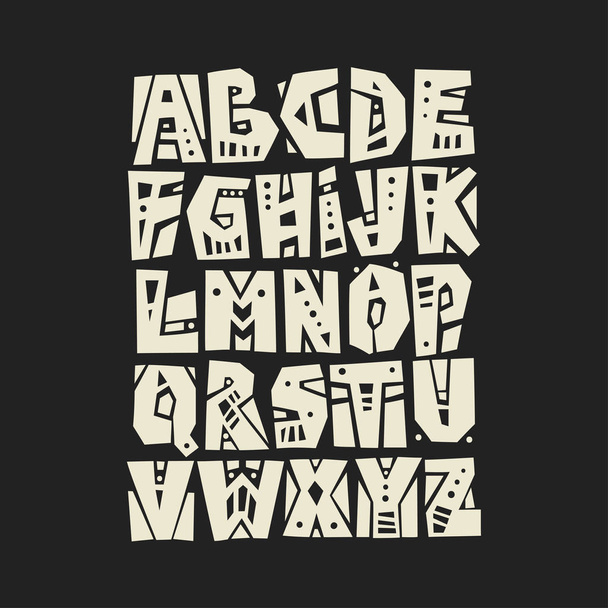 Vector capital cut out alphabet. White letters decorated with geometric patterns on a black background - Vecteur, image