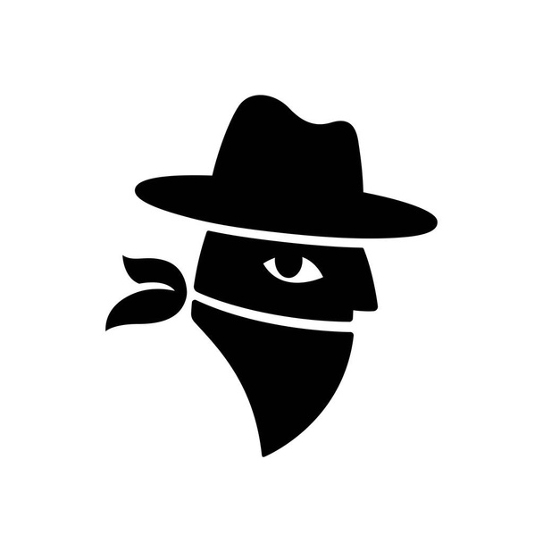 Bandit face in Wild West cowboy hat and bandana mask. Stylized criminal face for logo design. Black and white vector illustration. - ベクター画像