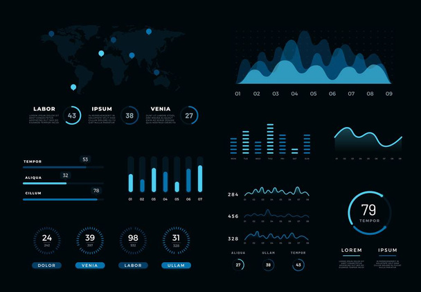Modern infographic network management data screen. Diagram vector design template of interface, admin panel with graphs, chart diagrams, statistics graphs and finance charts - Vettoriali, immagini