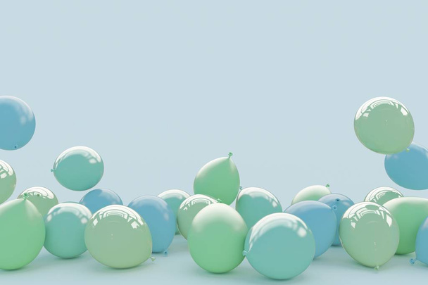 A lot of balloons in pastel colors on a light blue background. Greeting card with copy space. 3D render. - Foto, immagini