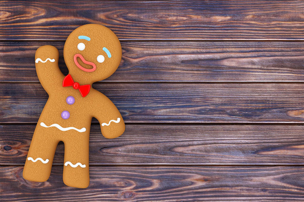 Vakantie ingericht klassieke Gingerbread Man Cookie op een houten tafel. 3D-rendering  - Foto, afbeelding