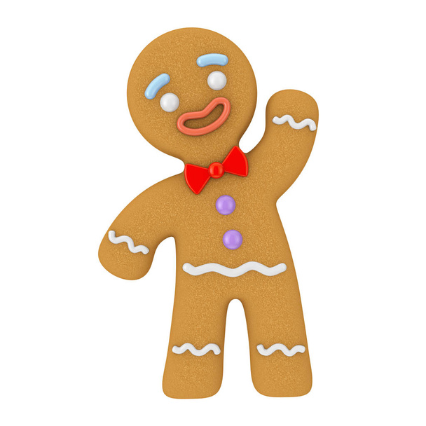 Tatil dekore edilmiş klasik Gingerbread adam kurabiye beyaz zemin üzerinde. 3D render  - Fotoğraf, Görsel