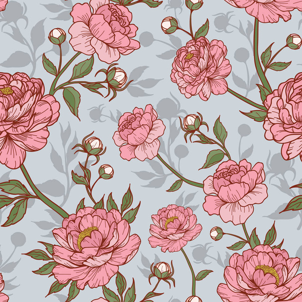 Vintage peony flower pink in blue and silhouette background with buds and leaves. Cartoonish style. Flourish style. Vector illustration. Perfect for print, textile, cards and apparel. - Vector, Image