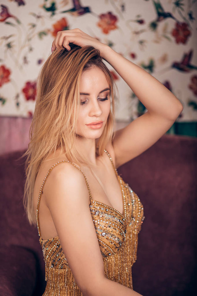 Closeup of fashion and glamour portrait of sexy beautiful blonde woman with closed eyes. Party, celebration, new year, Christmas, birthday, makeup, luxury concept - Foto, Bild