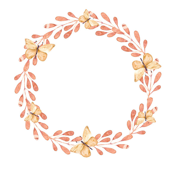 Living coral color flowers and leaves wreath. Watercolor frame illustration. Hand drawn illustration. Design for wedding invitations, greeting cards, cards. - Φωτογραφία, εικόνα