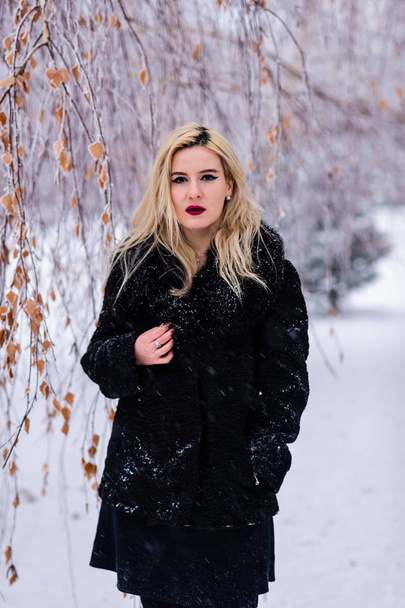 das Porträt einer blonden Frau mit roten dicken Lippen im Astrachan-Pelzmantel an einem verschneiten Tag. Sinnlichkeit und Leidenschaft in den Augen repressiver Freigeist und rebellischer Charakter. - Foto, Bild