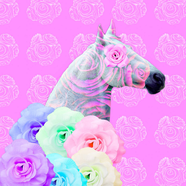 Contemporary art collage. Romantic mood. Flower horse - Foto, imagen