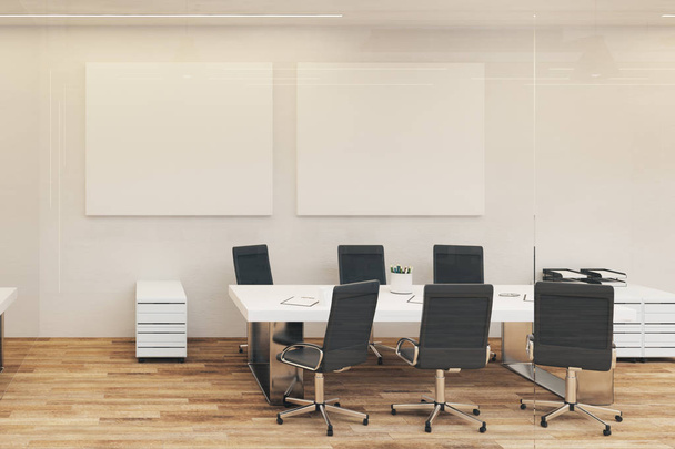 Contemporary white meeting room with empty poster on wall. Mock up, 3D Rendering  - 写真・画像
