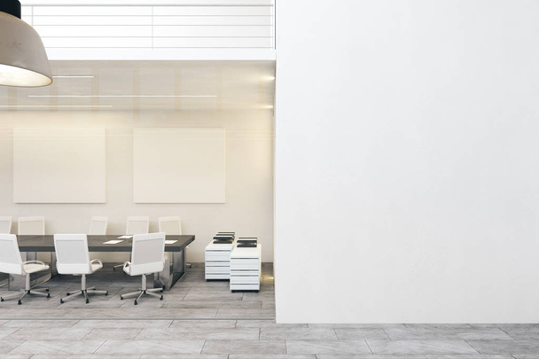 White meeting room with empty poster on wall. Mock up, 3D Rendering  - Foto, Bild