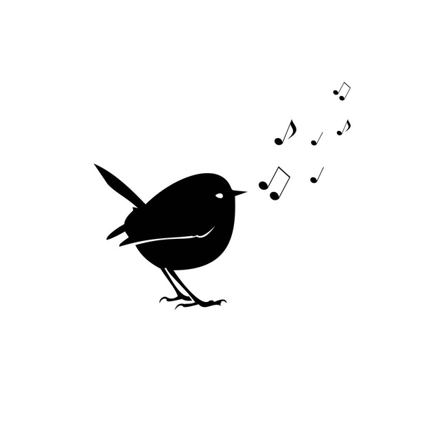  cute little bird sings with its beak and fly notes, bird  in minimalistic style, animal vector logo, sign - Vector, Image