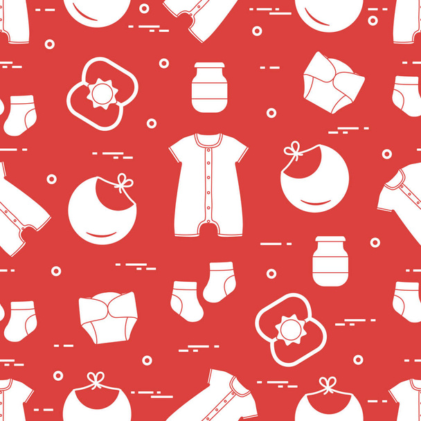 Seamless pattern with goods for babies. Newborn baby background. Bib, baby food can, rattle, socks, diapers, bodysuit. - Vetor, Imagem