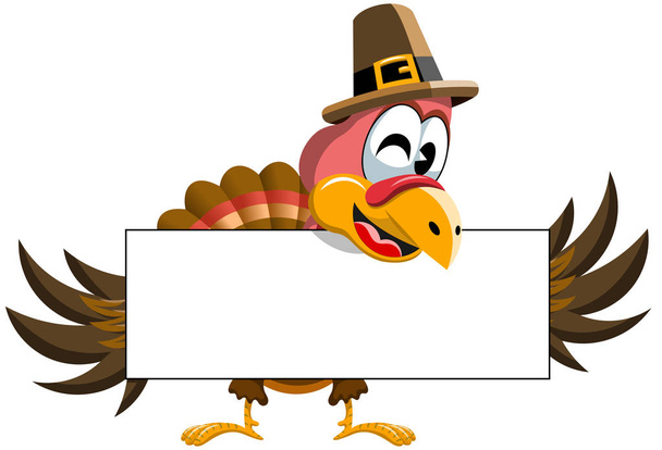 Cartoon Thanksgiving Turkey holding blank banner isolated - Vector, Image