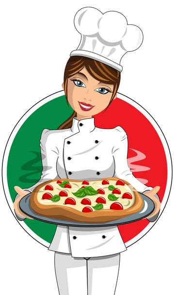 Italian Woman Cook in uniform serving pizza isolated - Vector, Image