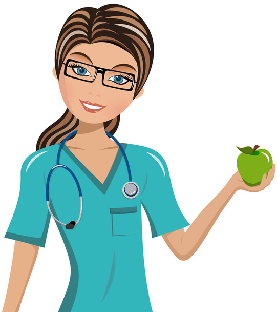 Kobieta lekarz chirurg trzyma jabłko na białym tle - Wektor, obraz
