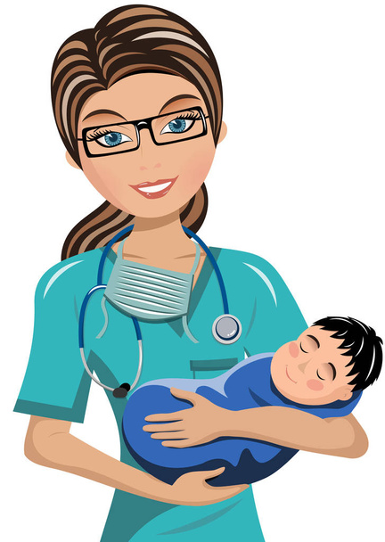 Женщина-врач Хирург Холдинг новорожденный изолирован
 - Вектор,изображение