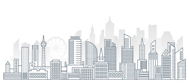 Modern outline line big urban city panorama background with flat color skyscrapers on background. - Vector, afbeelding
