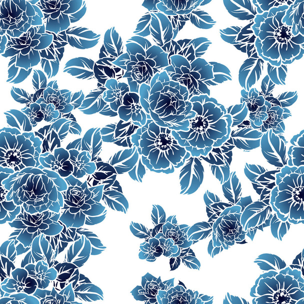 Seamless vintage style monochrome dark blue colored flower pattern. Floral elements. - Vektör, Görsel