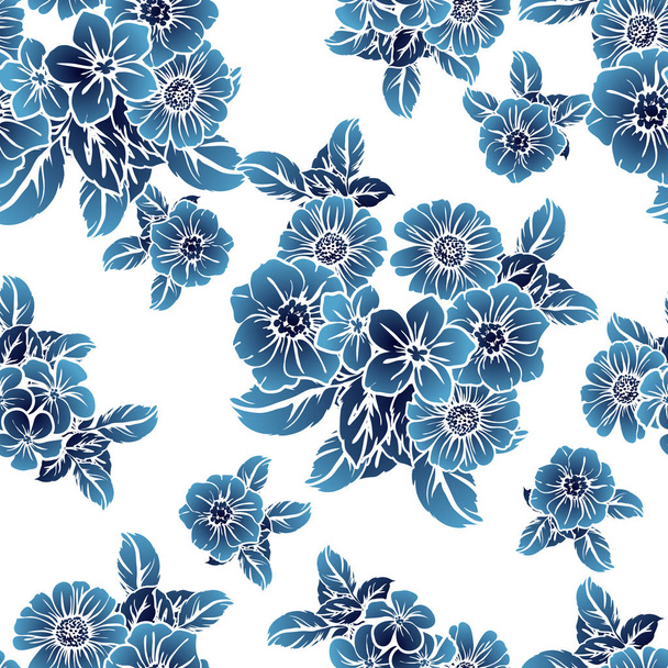 Seamless vintage style monochrome dark blue colored flower pattern. Floral elements. - Vector, afbeelding