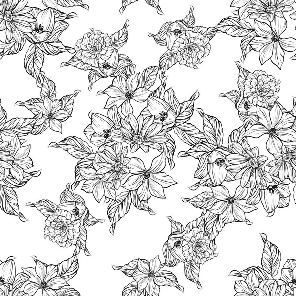 Seamless vintage style flower pattern. Floral elements in black and white. - Διάνυσμα, εικόνα